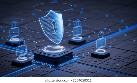 Cybersecurity ensures data protection on internet. Data encryption, firewall, encrypted network, VPN, secure access and authentication defend against malware, hacking, cyber crime and digital threat.