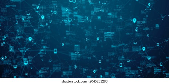 Cybersecurity Global Encrypted Cybersecurity Network Mobile Data Collection Using Cloud Computing AI Technology - Conceptual 3D Illustration Render