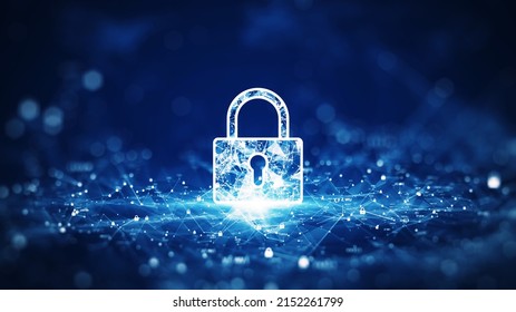 cybersecurity information protection technology concept There is a large padlock in the middle. Small padlock binary polygons are connected to the center focus. Outer blur with dark blue background. - Powered by Shutterstock