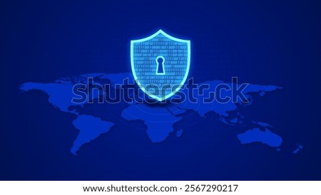 Cybersecurity Shield with Binary and world map 3d illustration