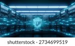 Cybersecurity shield icon padlock data center server racks. Digital network, glowing lines, secure data protection. Privacy, cloud computing, information security, technology background. 3D render.