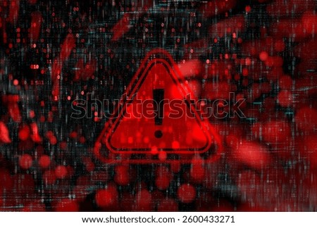 Cybersecurity warning with red warning symbol with digital glitch and binary code. Concept of cyberattacks, data breaches and information security threats.