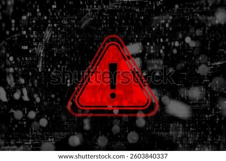 Cybersecurity warning with red warning symbol with digital glitch and binary code. Concept of cyberattacks, data breaches and information security threats.