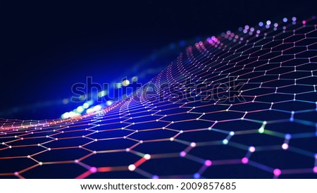 Cyberspace and Big Data Analytics. Hexagon and honeycomb, digital field, private information network, encrypted data, satellite internet, nanostructure 3D illustration