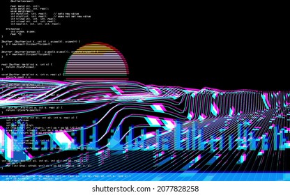 Cyberspace landscape grid. Old TV screen error.  Photo glitch. The TV signal is not working. Technical problems grunge wallpaper. Data decomposition. 3D illustration.