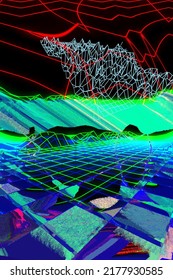Cyberspace landscape grid. Old TV screen error.  Photo glitch. The TV signal is not working. Technical problems grunge wallpaper. Data decomposition. 3D illustration.