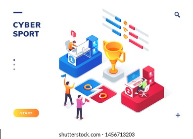 Cybersport arena with gamers, isometric view. Online game tournament in player vs player format. Fans at cyber sport competition, winner cup. E-sport web landing page for smartphone. Competition - Powered by Shutterstock