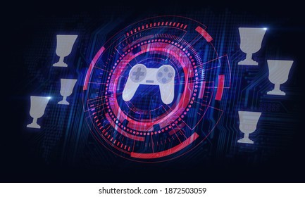 cybersport, e-sports and gaming industry concept, cybersport tournament winners template, champion cups around gamepad icon - Powered by Shutterstock