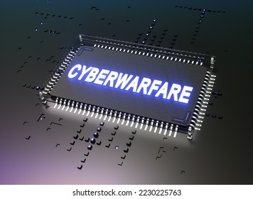 Cyberwarfare concept. CPU microchip abstract computer graphic. 3D render.