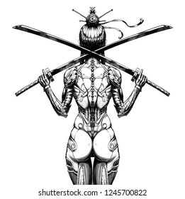 Cyborg Female Samurai With Two Swords