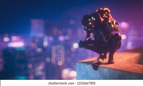 Cyborg Female Sitting On Her Haunches On The Edge Of The Concrete Roof Of Tall Building Looks Down At The Night City. Sci-fi Girl In Futuristic Black Armor Suit With Jet Pack, Helmet. 3d Illustration