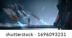 Cyborg girl walks on metal bridge to cryo chamber in empty space with view of the night city. Old scratched metal white orange spaceship hovering in the air. Assault fighter, gunship. 3d illustration.