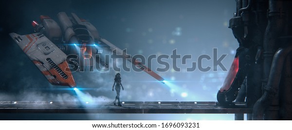 Cyborg girl walks on metal bridge to cryo chamber in empty space with view of the night city. Old scratched metal white orange spaceship hovering in the air. Assault fighter, gunship. 3d illustration.