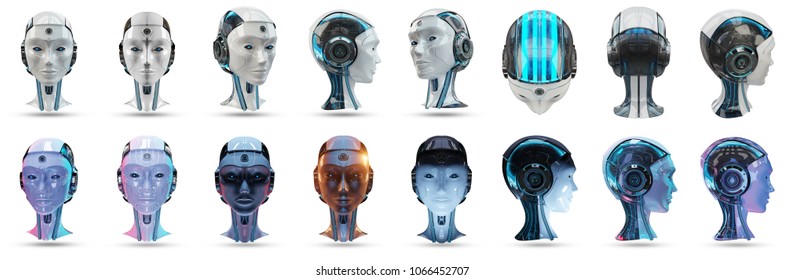 Cyborg head artificial intelligence collection isolated on white background 3D rendering