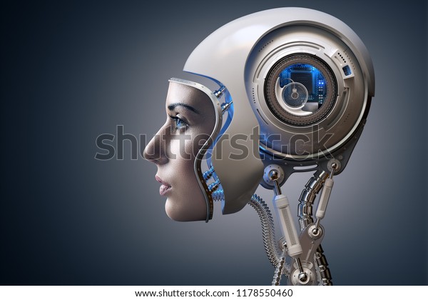 本物の若い女性の顔を描いたサイボーグと 3dレンダリングされたロボットヘッドを組み合わせた 未来的なバイオニクスと人工知能のコンセプト のイラスト素材