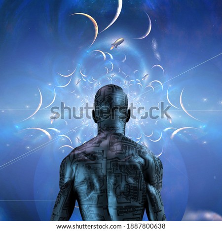 Cyborg man before endless space. 3D rendering