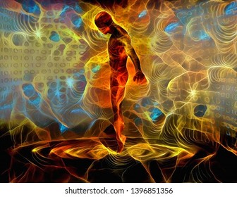 Cyborg man figure in colorful abstract digital space. 3D rendering