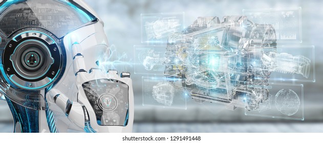 Cyborg On Blurred Background Using Wireframe Holographic 3D Digital Projection Of An Engine