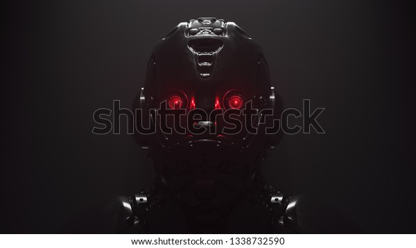 Cyborg with red luminous eyes on black\
background. Front view of science fiction cyborg with a shiny dark\
metal. Robot with artificial intelligence. Robot man with\
artificial metal face. 3D\
rendering.