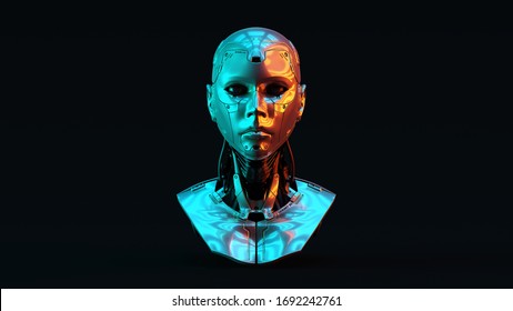 Cyborg with with Red Orange and Blue Green Moody 80s lighting Front 3d illustration 3d render