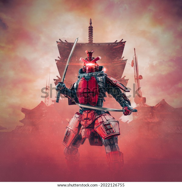 Cyborg samurai warrior - 3D illustration of\
science fiction cyberpunk armoured robot with katana swords with\
oriental buildings in\
background