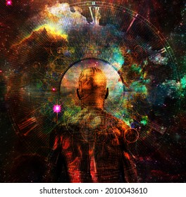 Cyborg in vivid space and ancient clock face. 3D rendering