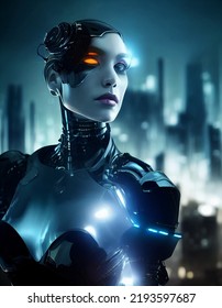 cyborg woman, futuristic soldier in a cyberpunk suit in a futuristic city, 3d illustration