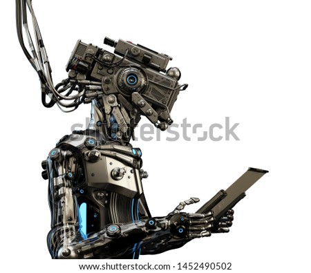 Cyborg working with digital tablet, 3d illustration
