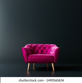 Cyclamen Pink Armchair In Black Interior Room 3D Rendering, 3D Illustration