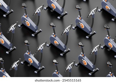 Cycle Machines - Gym Bikes. Exercise bikes for gym trainings are arranged in rows on a dark background. 3D rendering graphics in isometric projection on the theme of Sports and Fitness Industry. - Powered by Shutterstock