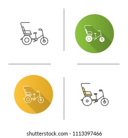 Cycle rickshaw icon. Velotaxi, pedicab. Flat design, linear and color styles. Isolated raster illustrations