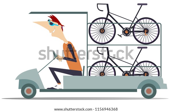 Cycle technical help car transports bikes\
isolated. Smiling cycle technical help worker transports bikes\
isolated on white\
illustration\
