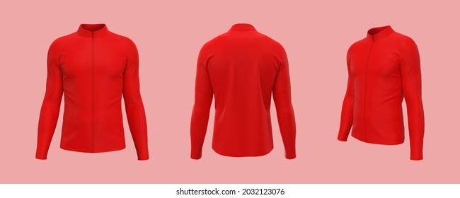 Men’s Cycling Jersey Mockup In Front, Side And Back, 3d Rendering, 3d Illustration