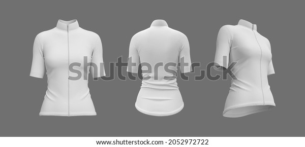 Women’s cycling jersey mockup in front, side\
and back, 3d rendering, 3d\
illustration