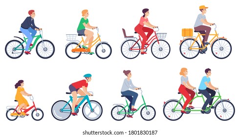 Cycling people. Women, men ride bikes sports outdoor activity, friends riding bicycles race on city street colored cartoon  set. Characters leading healthy lifestyle, exercising actively - Powered by Shutterstock