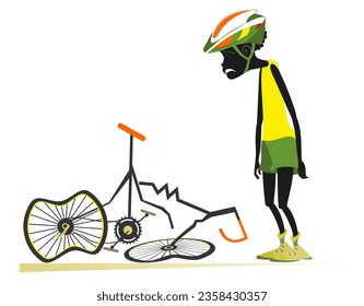 Cyclist African man and a broken bike. 
Sad African man standing near a broken bike with downcast head and hands isolated on white
 - Powered by Shutterstock