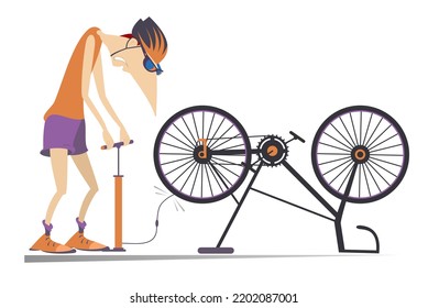 Cyclist And A Broken Bicycle.
Sportsperson Repairs The Bicycle. The Cyclist Inflates The Wheel On The Bicycle. Isolated On White Background
