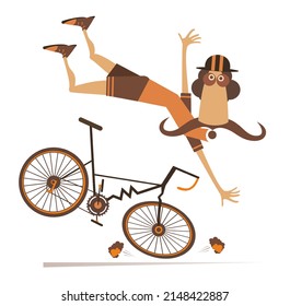 Cyclist Falling Down From The Bicycle Illustration. 
Funny Long Mustache Man Falling Down From The Broken Bicycle Isolated On White
