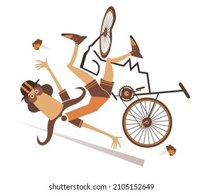 Cyclist Falling Down From The Bicycle Isolated Illustration. Funny Long Mustache Man Falling Down From The Broken Bicycle Isolated On White