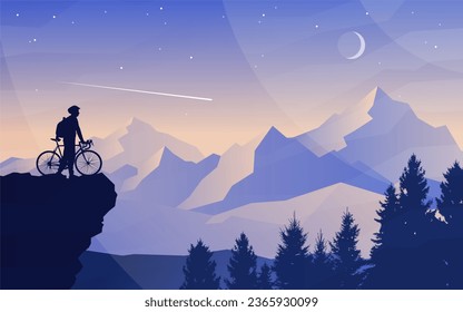 Cyclist on top of a mountain. Mountain bike. Travel concept of discovering, exploring. Cycling. Adventure tourism. Polygonal flat design for coupon, voucher, gift card. Minimalist illustration - Powered by Shutterstock