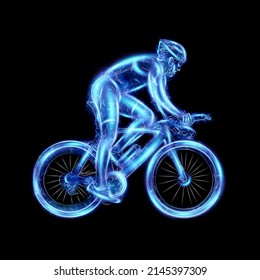 Cyclist side view, neon blue hologram. Cycling race, cycling competition. 3D illustration, 3D render, copy space - Powered by Shutterstock