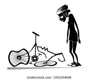 Cyclist Woman And A Broken Bike Isolated Illustration. Sad Woman Standing Near A Broken Bike With Downcast Head And Hands Black On White
