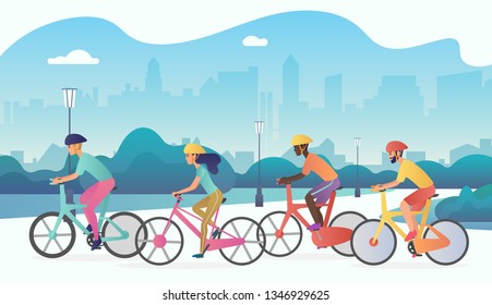 Cyclists sport people riding bicycles in public city park. Trendy radient color  illustration. - Powered by Shutterstock