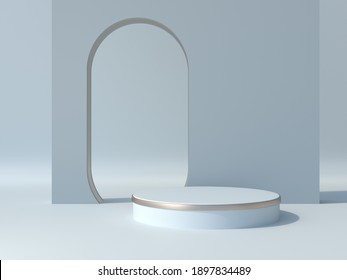 Cylinder shape with arch wall, Product display, Light blue and golden colors, Showcase, Stand, Stage, Backdrop, 3D Rendering.