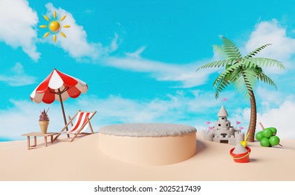 cylinder stage podium empty with sand castle, beach chair, ice cream cones, palm leaf, coconut tree, bucket isolated on blue sky background. shopping summer sale concept, 3d illustration or 3d render - Powered by Shutterstock