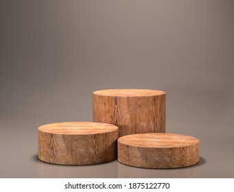 Cylinder Wood Pedestal For Display,Luxury Wood Porduct Stand ,Empty Wood Podium,concept Scene Stage Showcase,3D Rendering.