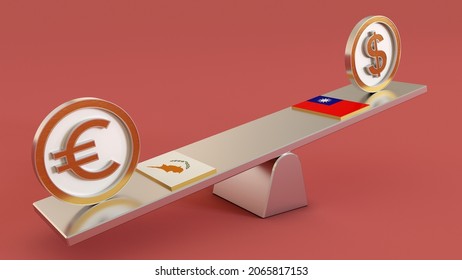 CYP Vs TWD Cyprus Euro Vs Taiwan Doller Symbol Sign 3D Golden Currency On Seesaw And Both Countrys Flage 3D Render Isolated On Pink Background.