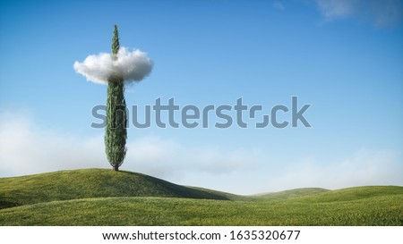 Cypress tree with cloud on green grass hills and blue sky. Landscape minimal concept. Cloud and tree abstractive allegory idea. Surreal mock up background image. 3D illustration.