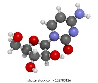 Cytarabine (cytosine Arabinoside, Ara-C) Chemotherapy Drug Molecule. Used In Treatment Of Acute Myeloid Leukemia (AML), Acute Lymphocytic Leukemia (ALL) And Lymphoma. Atoms Are Represented As Spheres.