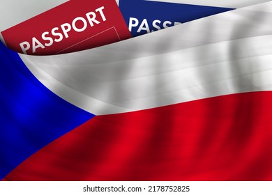 Czech flag background and passport of Czech Republic. Citizenship, official legal immigration, visa, business and travel concept. 